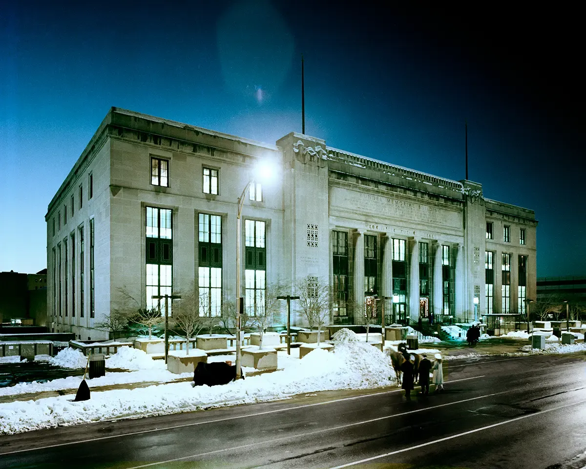 Rundel Memorial Library - Rochester, N.Y. lit up at night