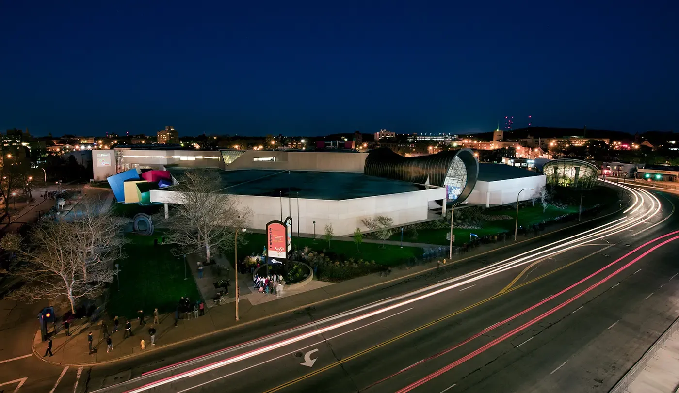 The Strong National Museum of Play - Rochester, N.Y. lit up at night
