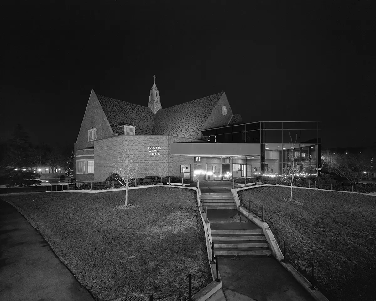Lorette Wilmot Library - Nazareth College lit up at night