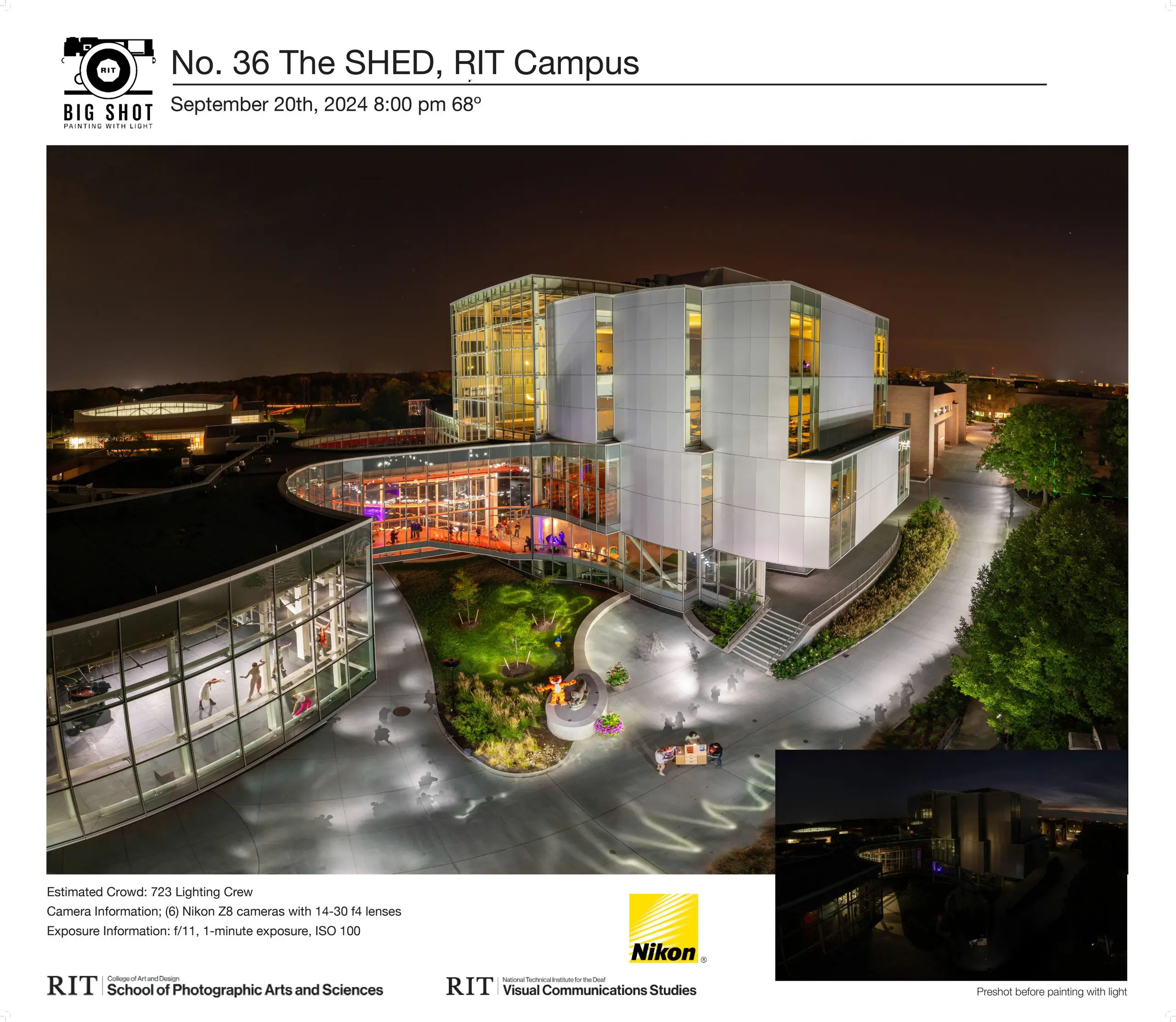 RIT Student Hall for Exploration and Development (SHED) lit up at night