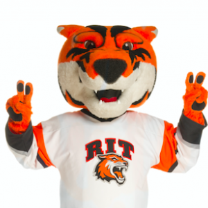 RIT mascot Ritchie the Tiger holding up a peace sign with his paws!