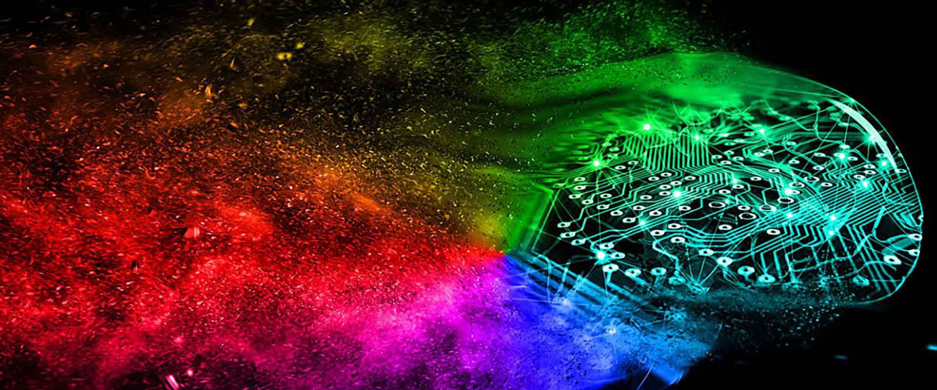 A color burst of red, pink, blue, and green, merging into a network of dots and lines that mimic a circuitboard.