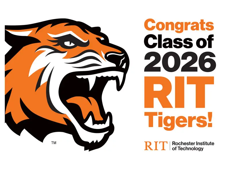 White RIT lawn sign congratulating RIT class of 2026