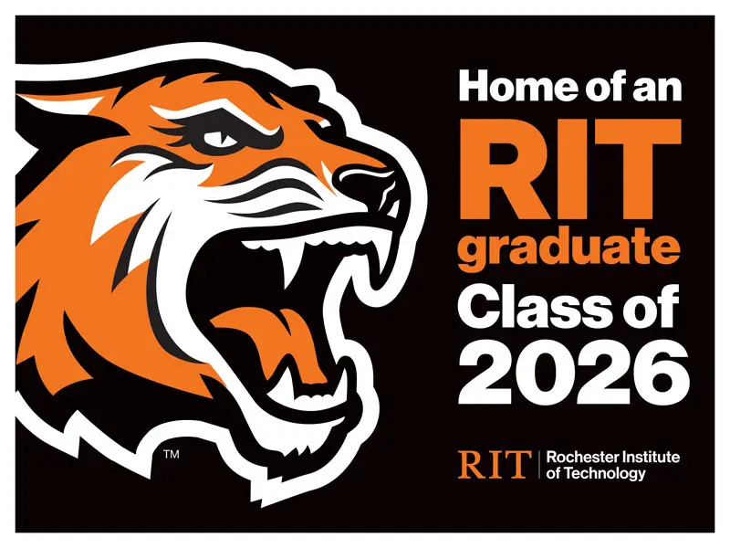 Black RIT lawn sign of a proud RIT graduate.