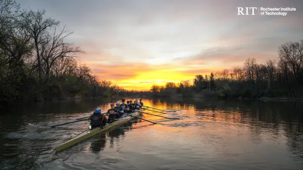 Sunset shot of rowers on the river