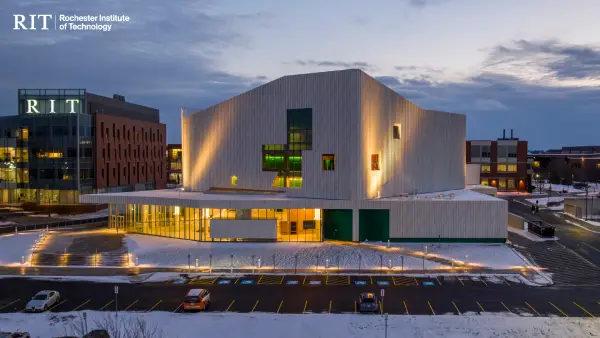 Performing arts building with snow on it