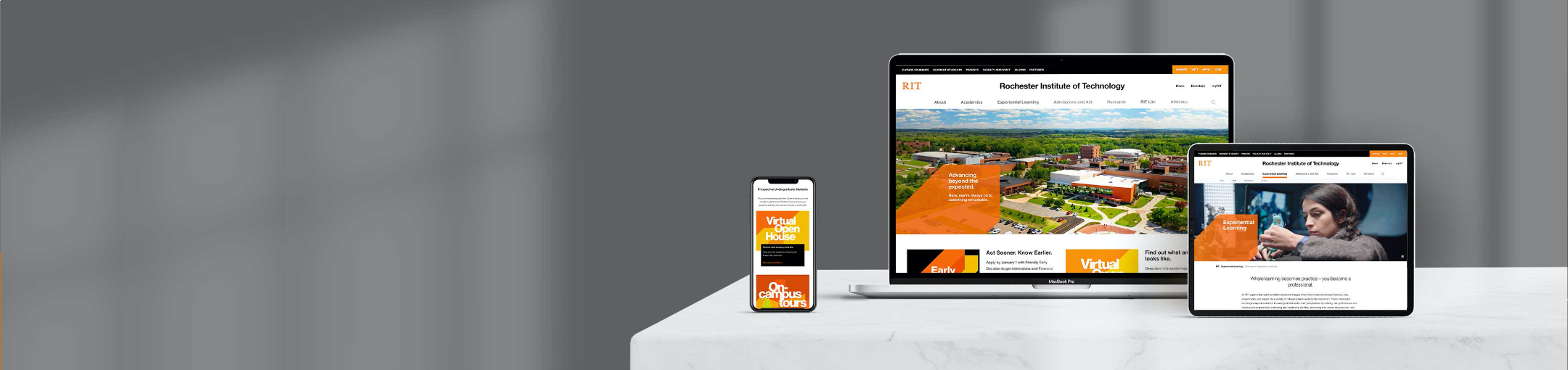 RIT website showing on a laptop, phone, and tablet