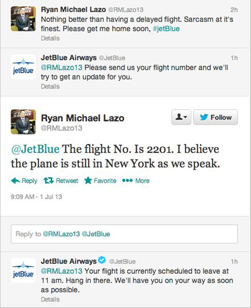 Twitter conversation between jet blue customer service and a customer