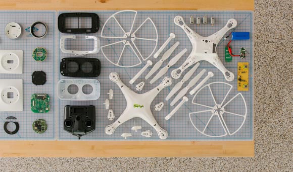 Overhead perspective of components of a drone