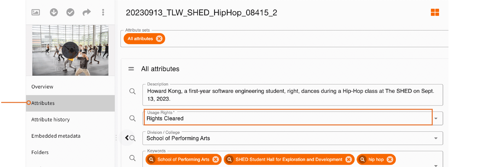 Screenshot showing location of the Usage Rights field.