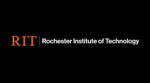 Orange RIT and white rochester institute of technology on a black background