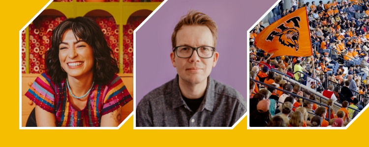 A headshot of Craig Robinson, next to that a photo of Dan Povenmire, next to that members of the RIT men's hockey team