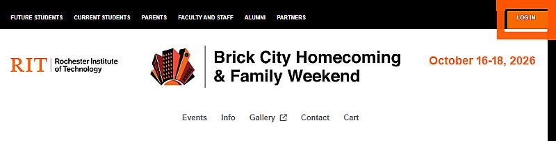 Image of top of Brick City weekend home page with Log In button Highlighted in orange