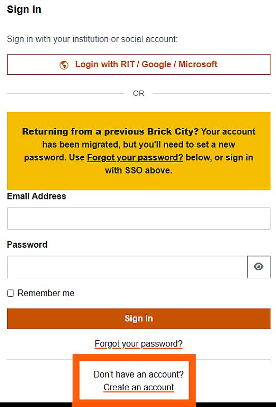 Screenshot of Log In page with link for create an account at the bottom highlighted in orange