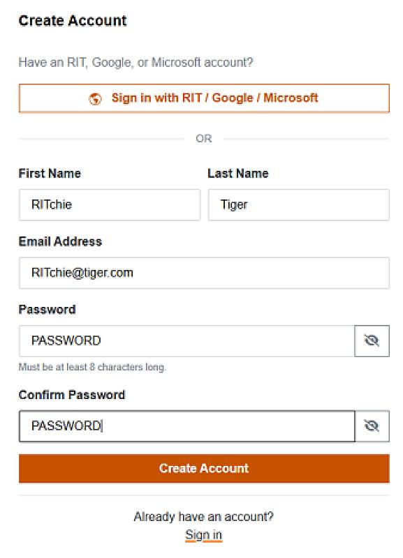 Create Account page showing fields for first name, last name, email, password, and confirm password, with a Create Account button and sign-in options.