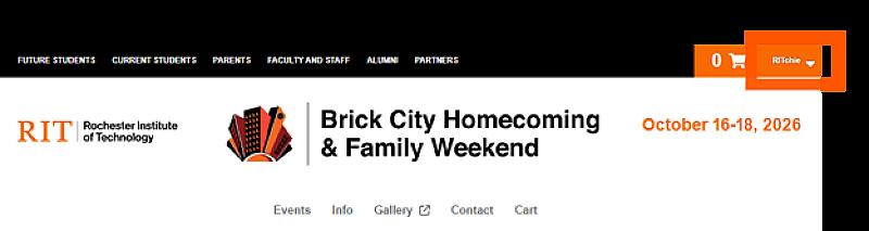 RIT Brick City Homecoming & Family Weekend webpage header showing event dates, navigation links, shopping cart, and a logged-in user account menu.