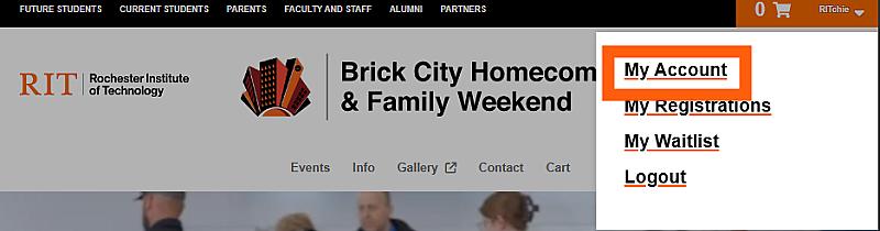 RIT Homecoming webpage with the user account menu expanded, showing options for My Account, My Registrations, My Waitlist, and Logout.