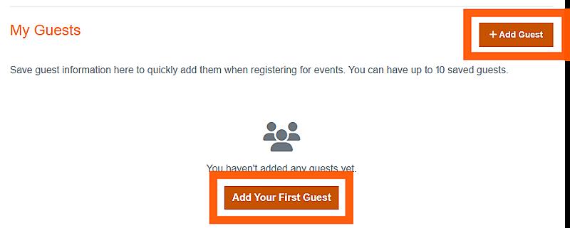 My Guests page showing options to add a guest, including “+ Add Guest” and “Add Your First Guest” buttons.