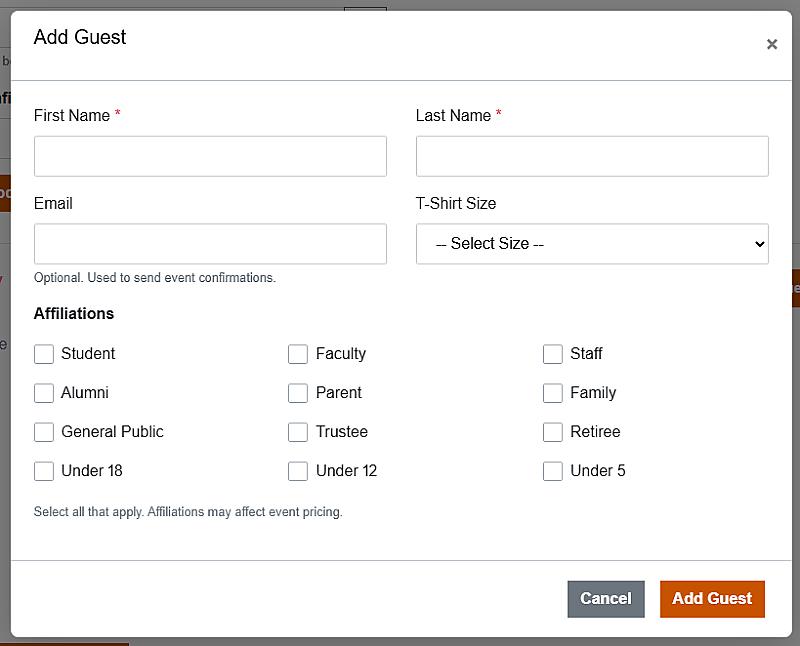 Add Guest form with fields for name, email, T-shirt size, affiliation checkboxes, and Add Guest and Cancel buttons.
