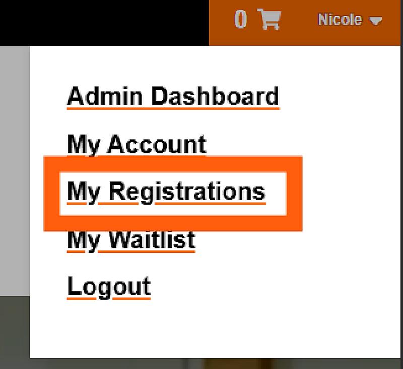Admin dashboard menu with “My Registrations” highlighted in orange under the “My Account” section.
