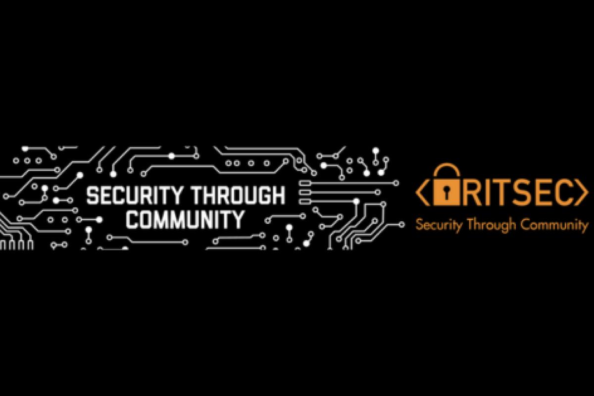 RITSEC banner on an orange background featuring circuit-board graphics, the phrase “Security Through Community,” and the RITSEC logo with a padlock symbol.