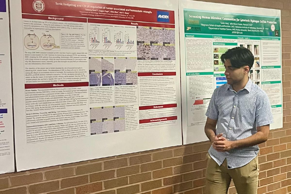 Person standing beside two scientific posters on a brick wall, smiling while presenting research featuring charts, diagrams, and microscopy images.