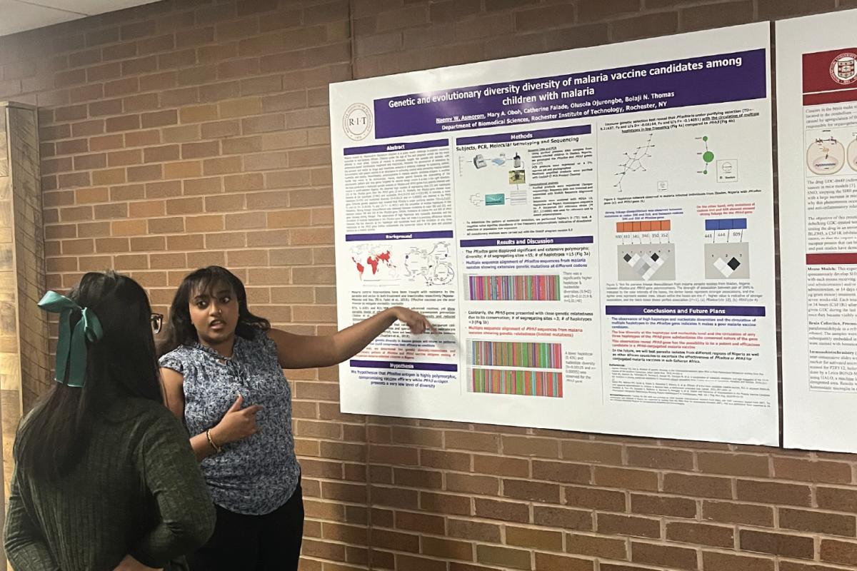 Two people standing in front of a scientific poster as one points to a section while explaining research on malaria, with charts, maps, and diagrams visible.