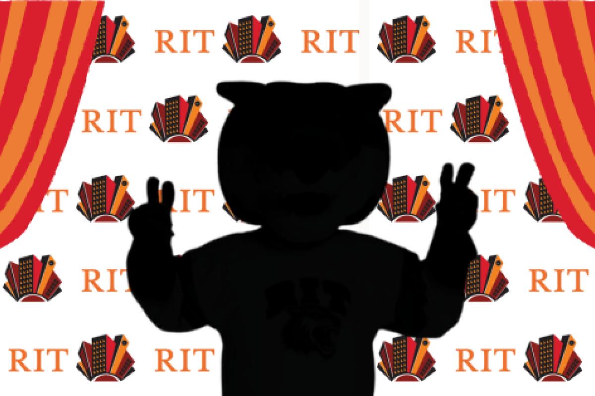 Silhouette of the RIT mascot standing before a decorative photo backdrop featuring RIT logos and theater-style curtains.