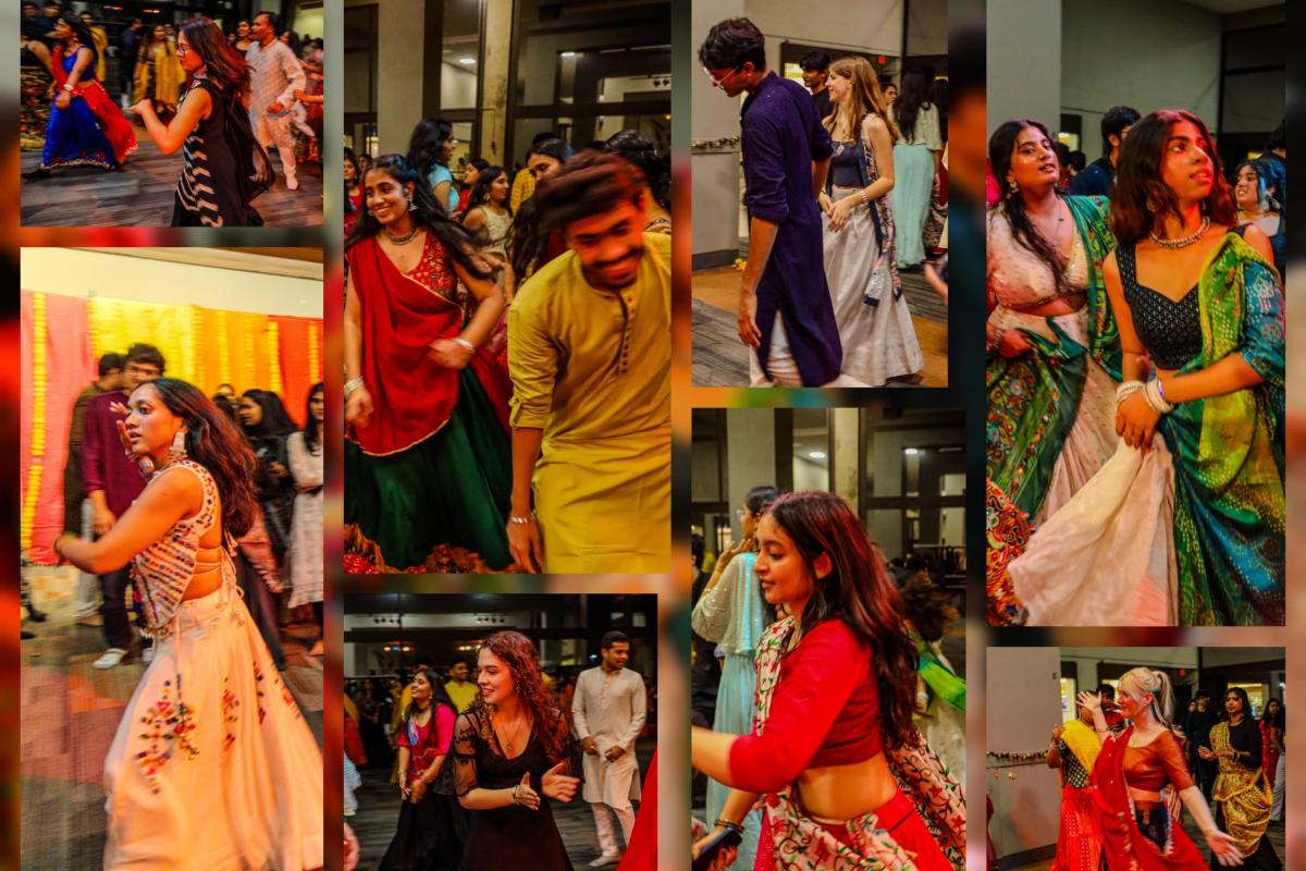 Collage of photos showing participants in colorful traditional clothing dancing during a Garba event in an indoor venue.