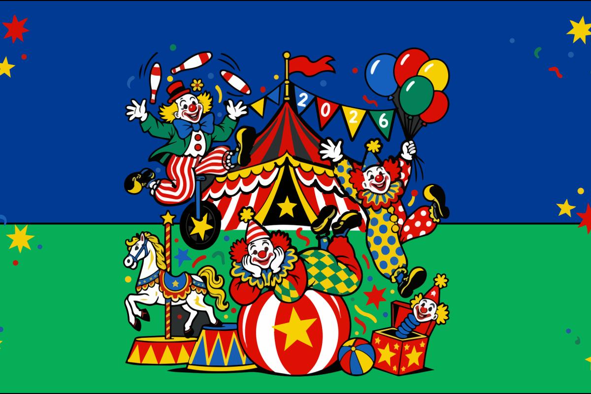 Graphic with clowns and a circus in background