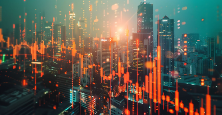 City skyline with declining trend overlay