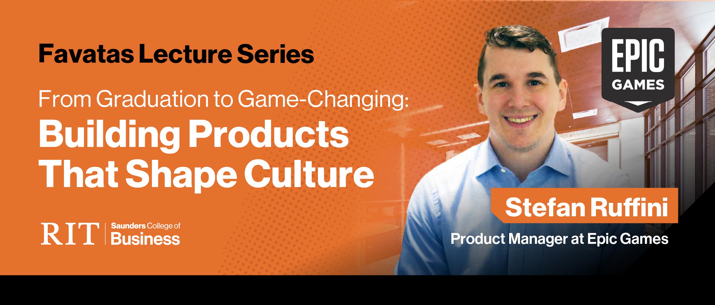 Man smiling in blue shirt on banner for Favatas Lecture Series