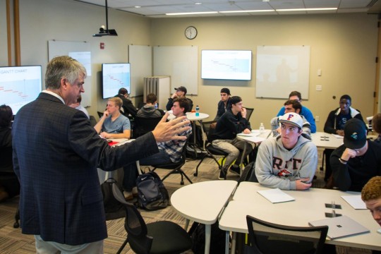Class working in small groups during class