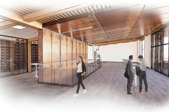 artist rendering of a gathering space and wine room.