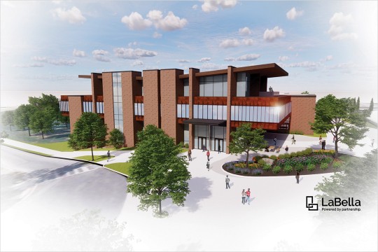 artist rendering of exterior of brick and glass multi-floor building.