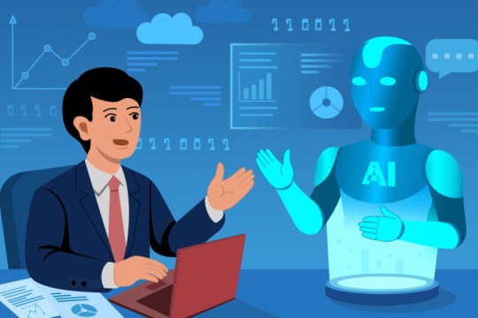 an illustrations of a man in a business suit speaking to a robot