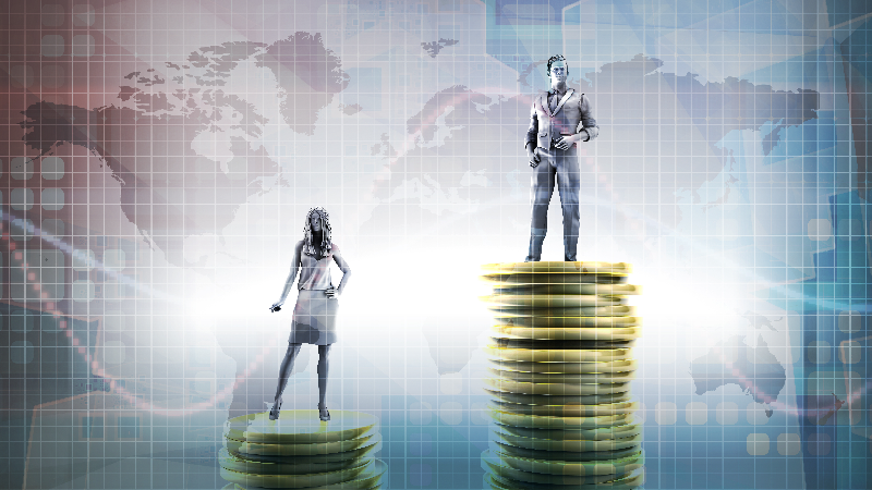 Woman standing on stack of coins next to man standing on stack of coins higher