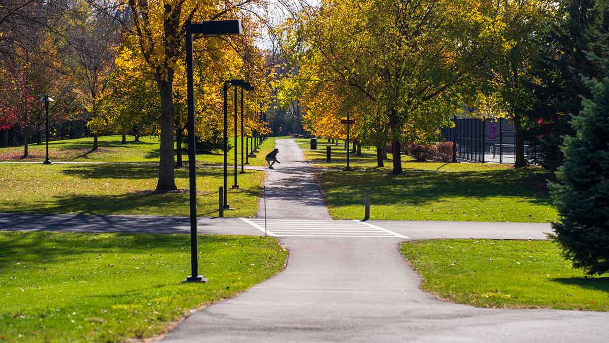 A student does squats on a pathway surrounded by colorful autumn leaves.