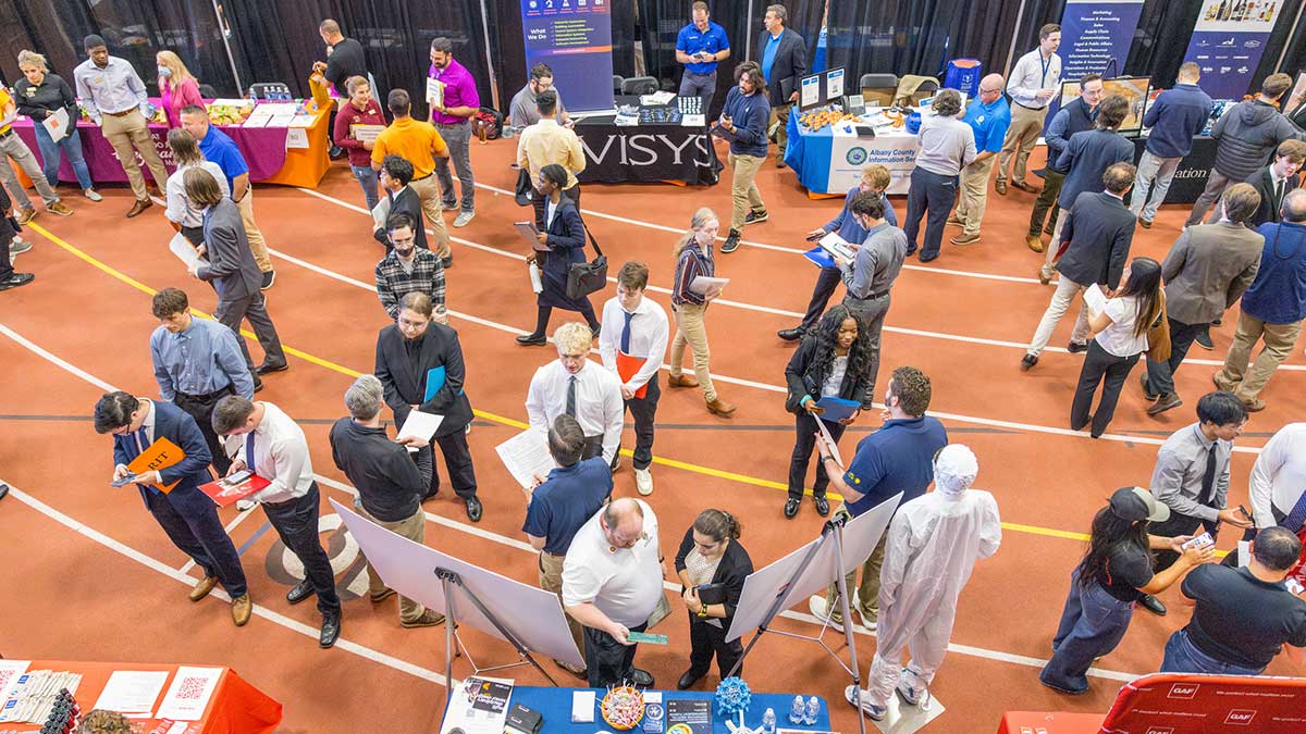 overhead view of students and recruiters at R I T's fall career fair.
