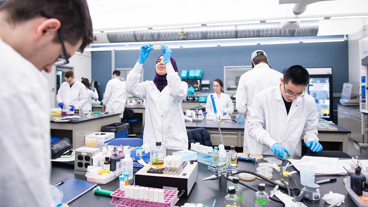 A student wearing safety goggles works with laboratory equipment in a biology lab.