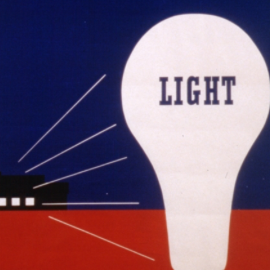 Lester Beall, "Light," REA, 1937. Black house on a blue and red background with a large lightbulb in the foreground.
