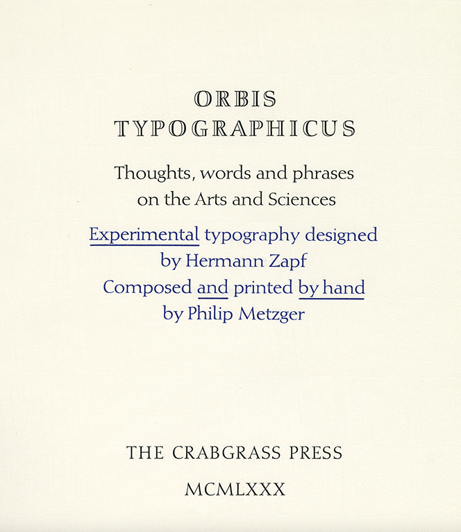 Title page for Orbis Typographicus with blue and black printing on a cream colored paper.