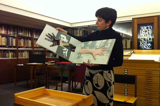Librarian Kari Horowicz teaching a class on fine artists’ books.