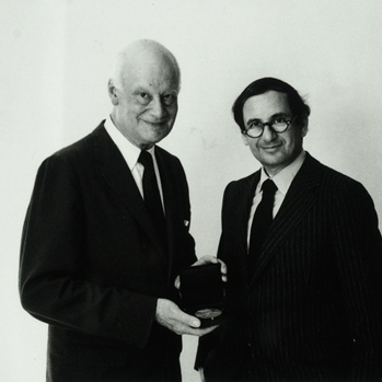 Photograph. Burtin being awarded AIGA’s gold medal, 1971.