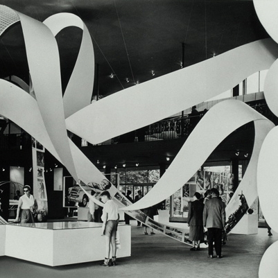 Photograph.  Paper ribbon detail representing industry of Kalamazoo, Michigan.  Kalamazoo...Eine Mittelstadt in Mittelwesten exhibit, Berlin Fair, 1958. 