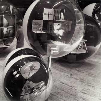 Photograph. Front view of “product spheres” for The World of Brunswick exhibit. Designed for the Brunswick Corporation, Chicago, 1965. Photographer: Ezra Stoller © Esto.