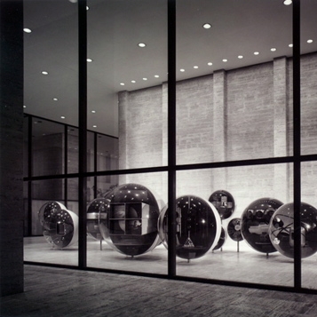 Photograph. Exterior view of Brunswick Corporation headquarters building with The World of Brunswick exhibit visible. Designed for the Brunswick Corporation, Chicago, 1965. Photographer: Ezra Stoller © Esto.