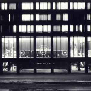 Photograph. Exterior view of Union Carbide Corporation headquarters, New York City. The Atom in Action exhibit is visible. Photographer: Ezra Stoller © Esto