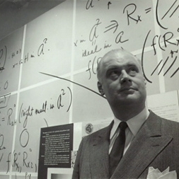 Photograph. Will Burtin at Integration exhibit, shown at A-D Gallery, New York City, 1948. Designed by Burtin. Photograph by Arnold Newman