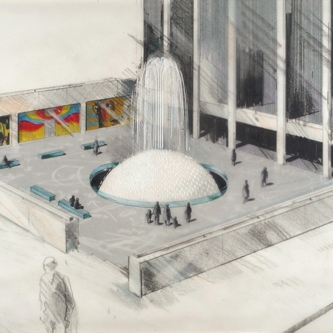 Artwork. Colored pencil and gouache drawing of McGraw Hill Communications Center plaza, New York City, c.1968. Artwork entitled, “The Sunken Plaza: Serving Man’s Need for Knowledge.”